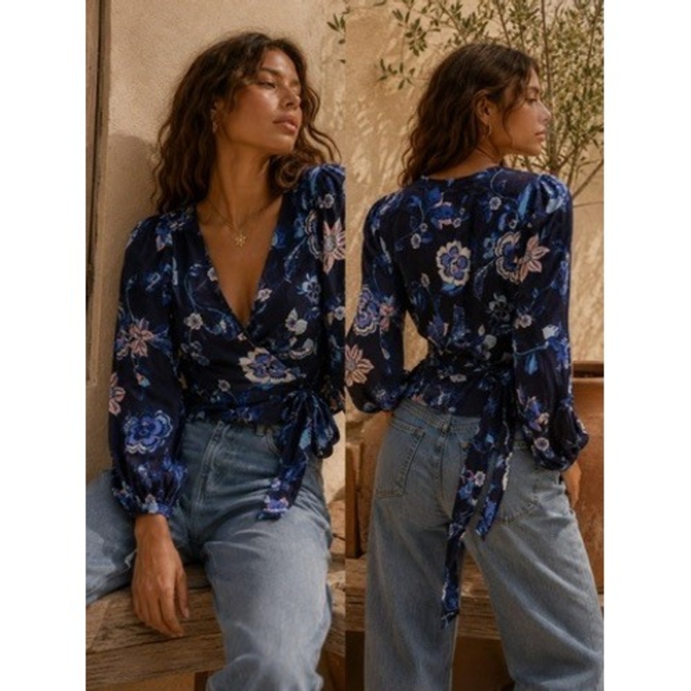 Gap Womens Navy Blue Floral Wrap Top‎ V-Neck Balloon Sleeve Side Tie Size M